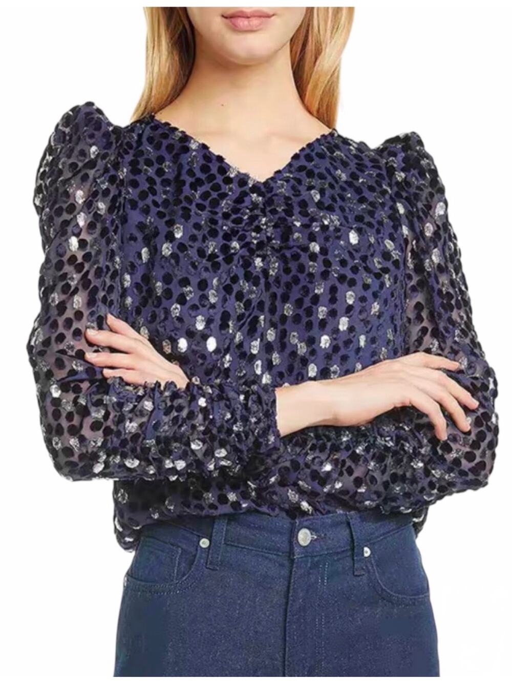 Kate Spade Scatter Dot Blouse Celestial Blue Women's XS Burnout Velvet Metallic